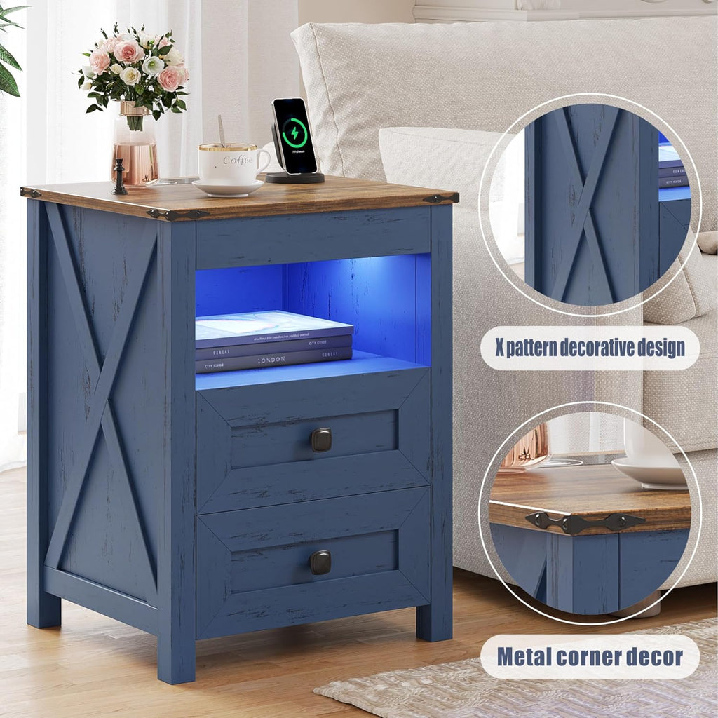 Farmhouse LED Nightstand with Gun Drawer & Invisible Lock, Modern Bedside Table with Human Sensor Design, Rustic Side Table with Wireless Charging