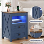 Farmhouse LED Nightstand with Gun Drawer & Invisible Lock, Modern Bedside Table with Human Sensor Design, Rustic Side Table with Wireless Charging
