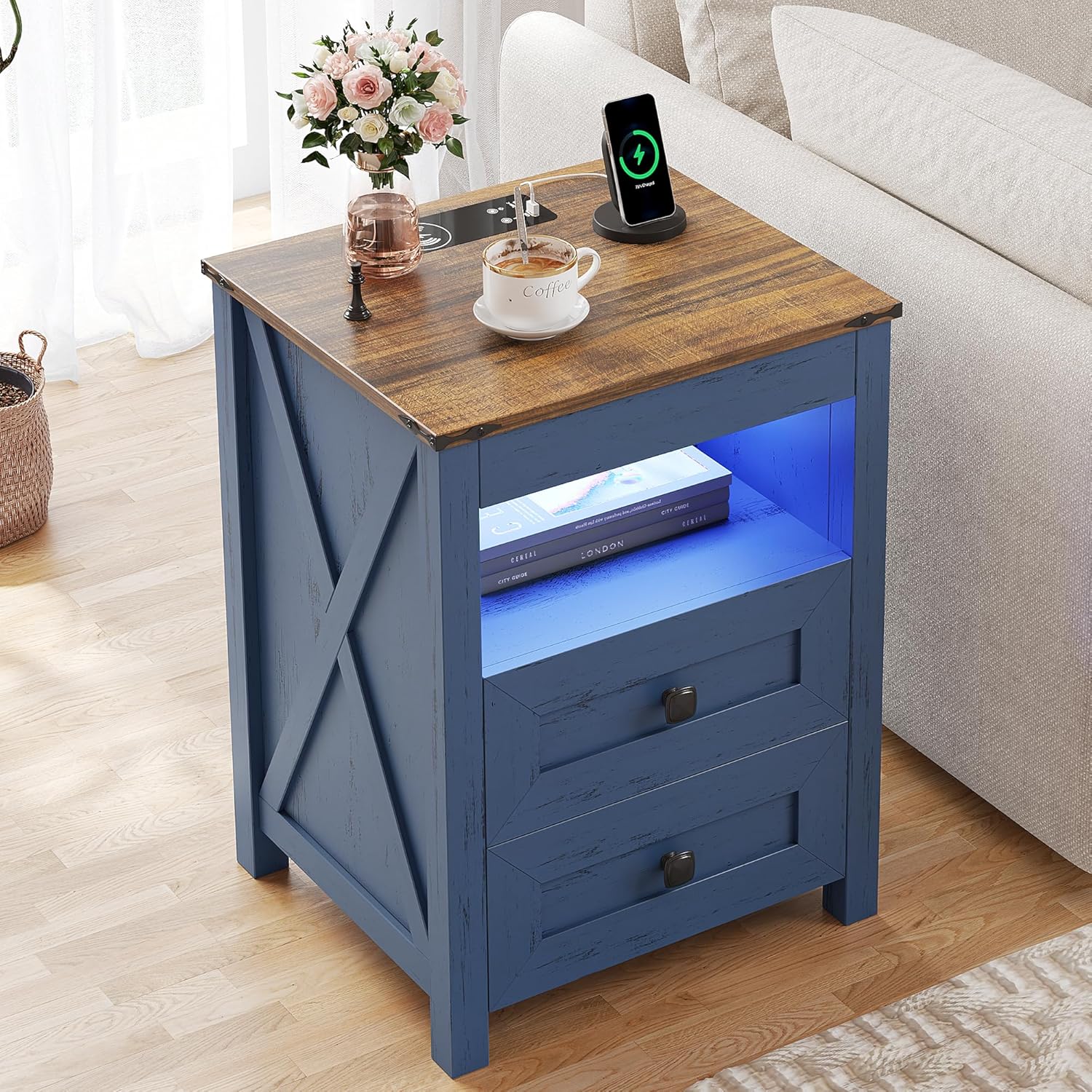 Farmhouse LED Nightstand with Gun Drawer & Invisible Lock, Modern Bedside Table with Human Sensor Design, Rustic Side Table with Wireless Charging
