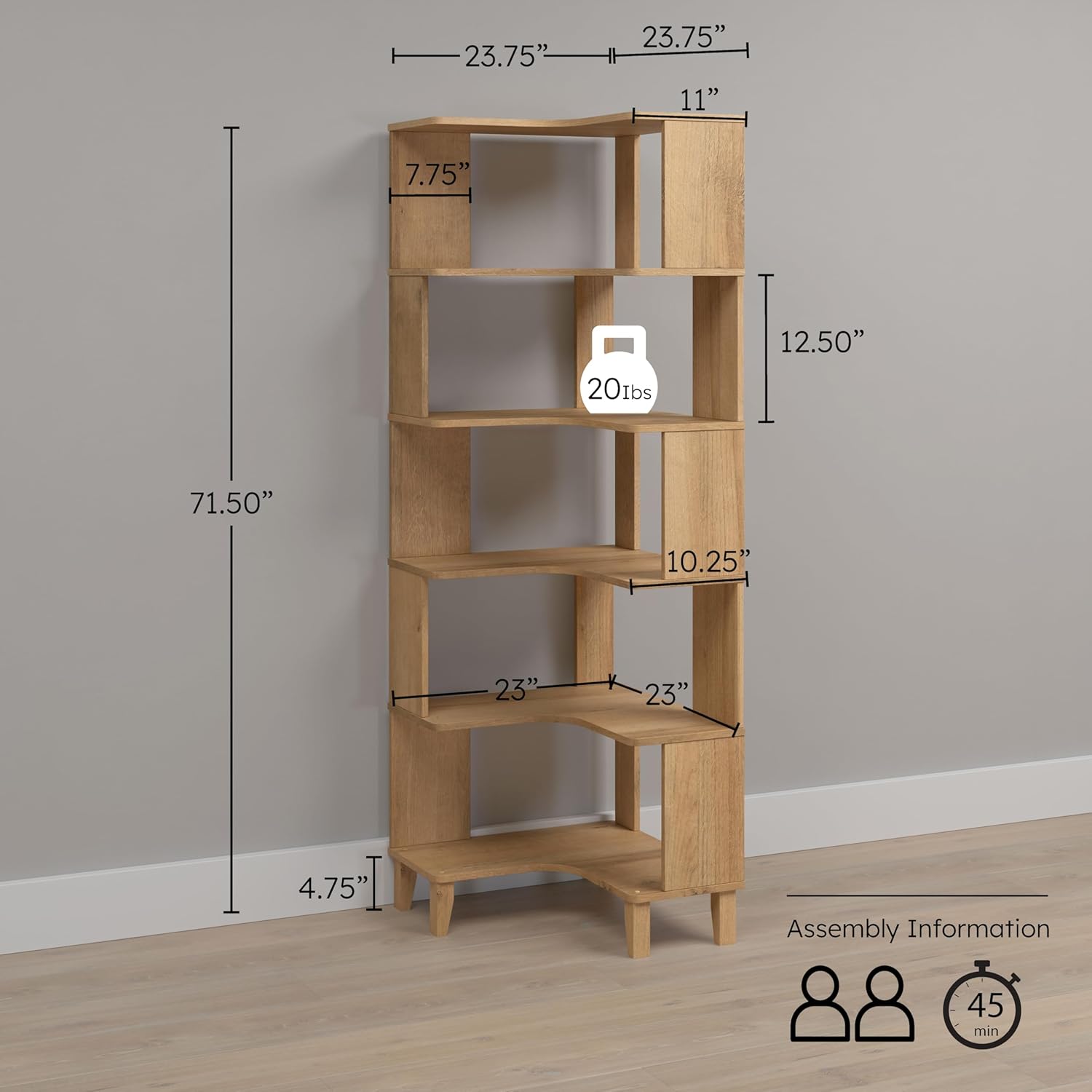 6-Tier Modern Mid Century Corner Bookcase, 71.5" Extra Tall Black Corner Shelf with Storage, Multifunctional Freestanding Bookshelf