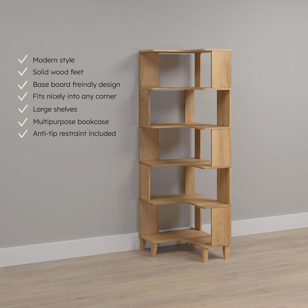 6-Tier Modern Mid Century Corner Bookcase, 71.5" Extra Tall Black Corner Shelf with Storage, Multifunctional Freestanding Bookshelf