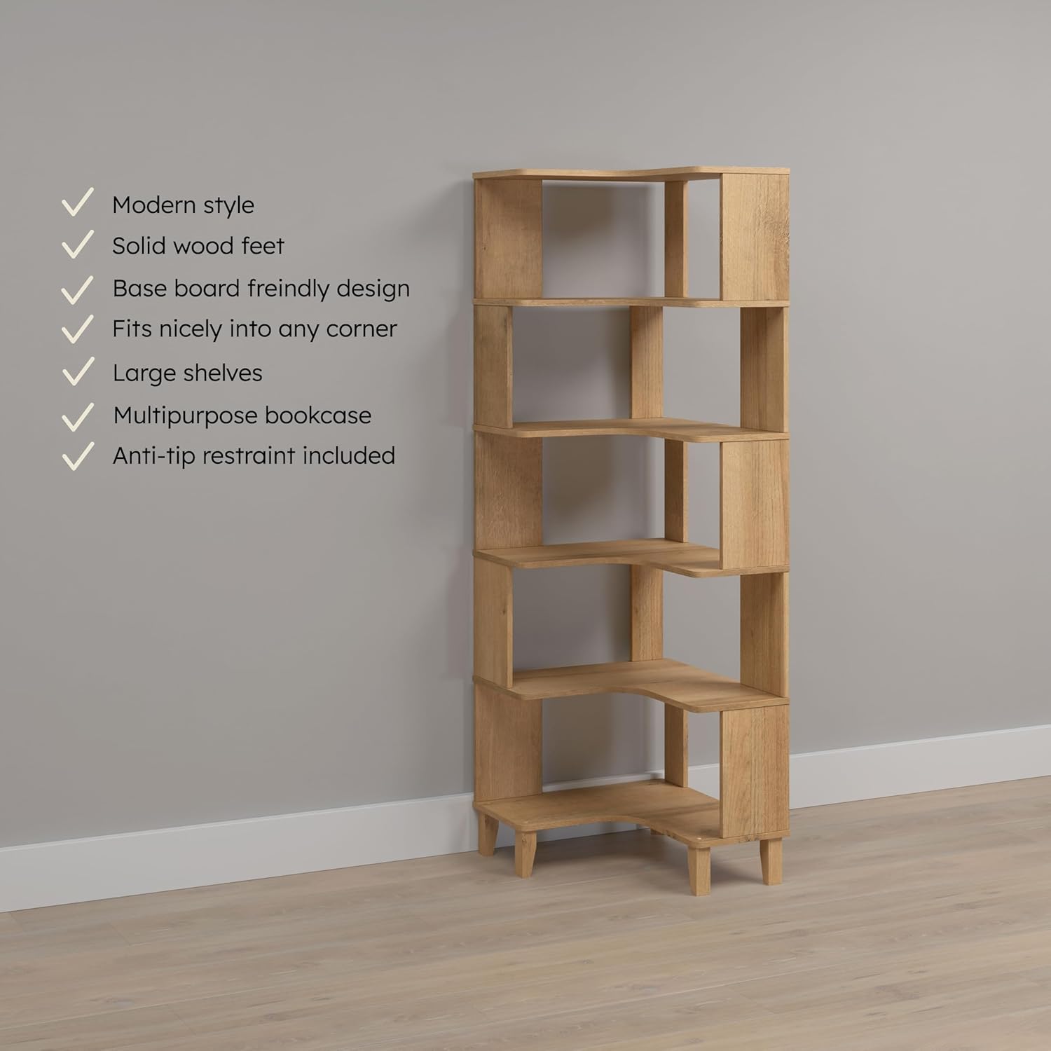 6-Tier Modern Mid Century Corner Bookcase, 71.5" Extra Tall Black Corner Shelf with Storage, Multifunctional Freestanding Bookshelf