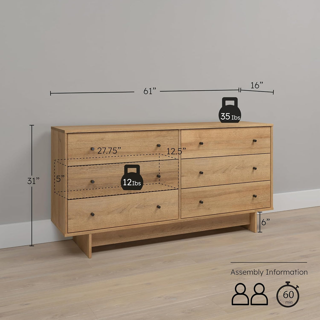 6-Drawer Dresser in Natural Oak, Dresser for Bedroom, Extra-Wide Chest of Drawers with Storage