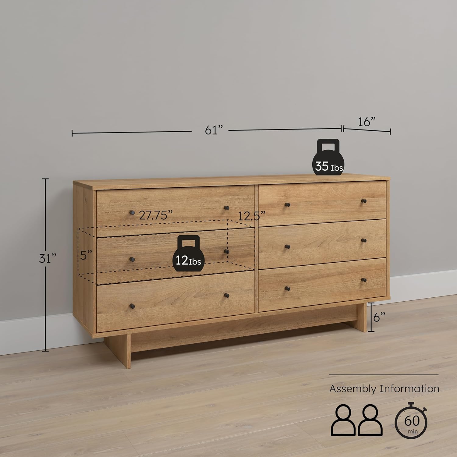 6-Drawer Dresser in Natural Oak, Dresser for Bedroom, Extra-Wide Chest of Drawers with Storage