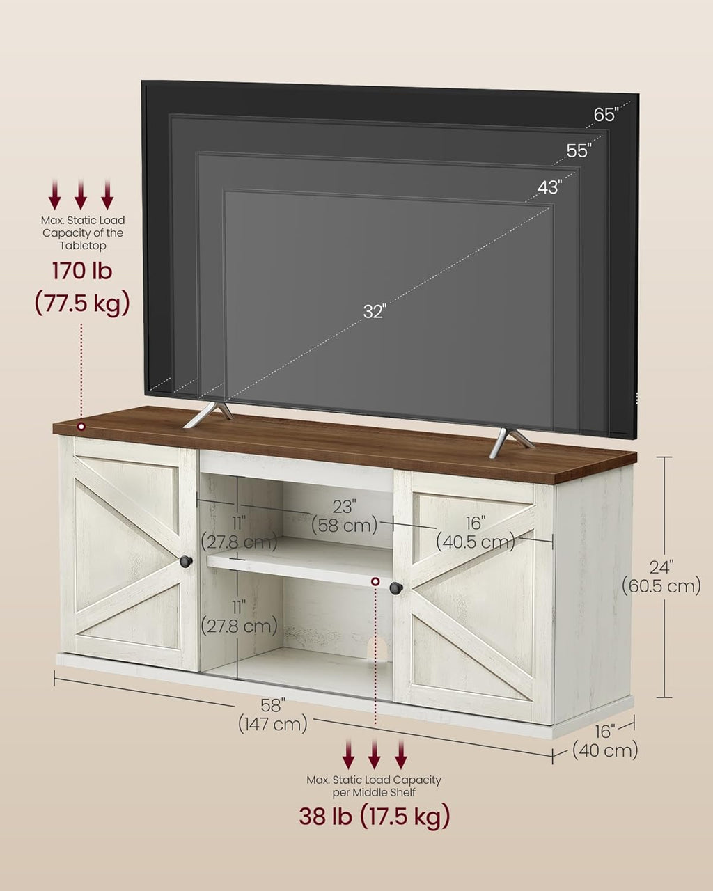 Farmhouse TV Stand for TVs up to 65 Inches, Entertainment Center with Storage Cabinets and Sliding Barn Doors