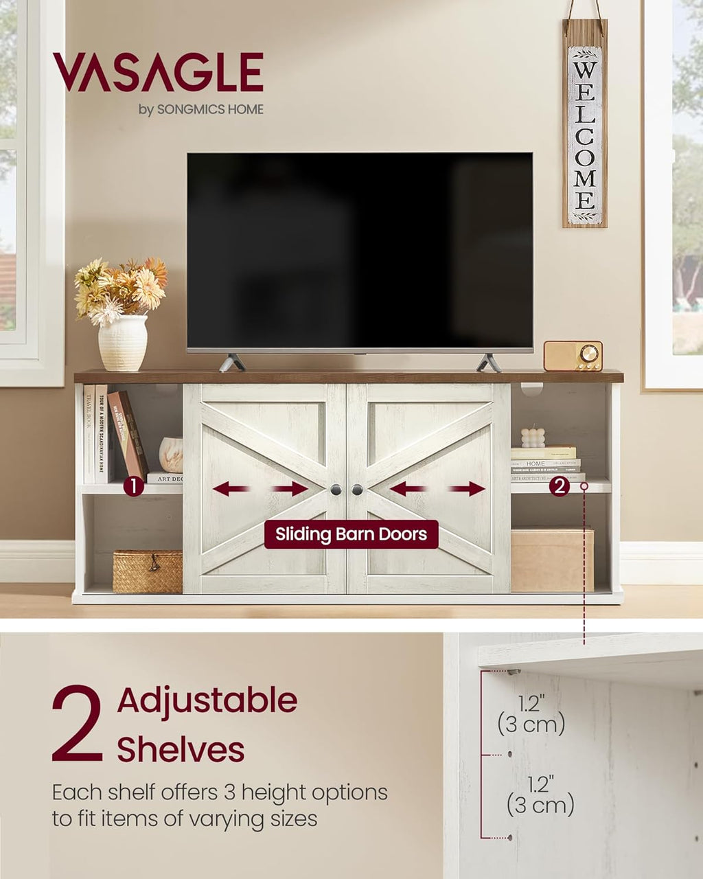 Farmhouse TV Stand for TVs up to 65 Inches, Entertainment Center with Storage Cabinets and Sliding Barn Doors