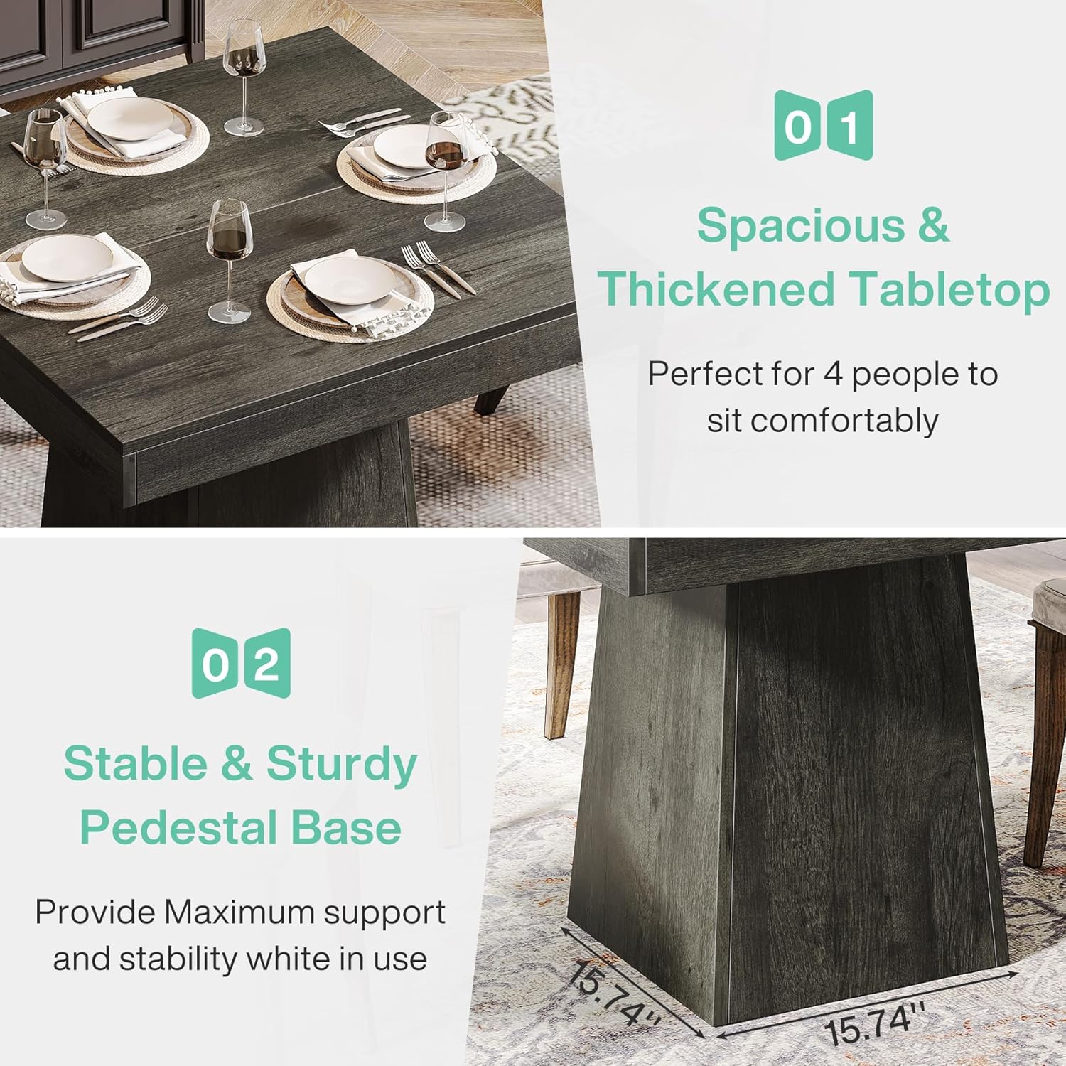 Square Dining Table for 4, 31.5-Inch Small Kitchen Table with Sturdy Pedestal Base, Farmhouse Dinner Table for Dining Room, Living Room, Kitchen