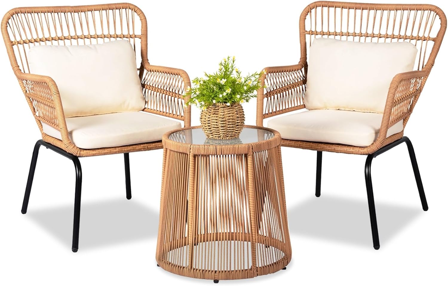 3 Pieces Patio Rattan Bistro Conversation Set, Outdoor All-Weather Wicker Furniture Chairs and Side Table Set
