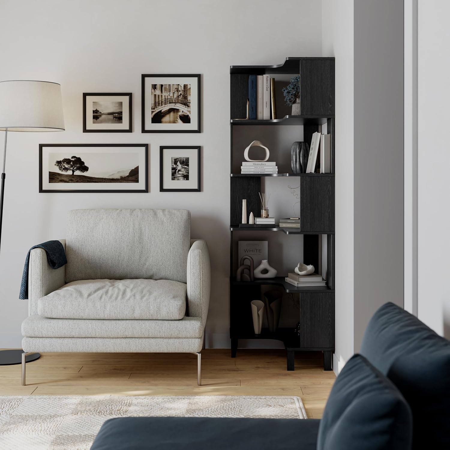 6-Tier Modern Mid Century Corner Bookcase, 71.5" Extra Tall Black Corner Shelf with Storage, Multifunctional Freestanding Bookshelf