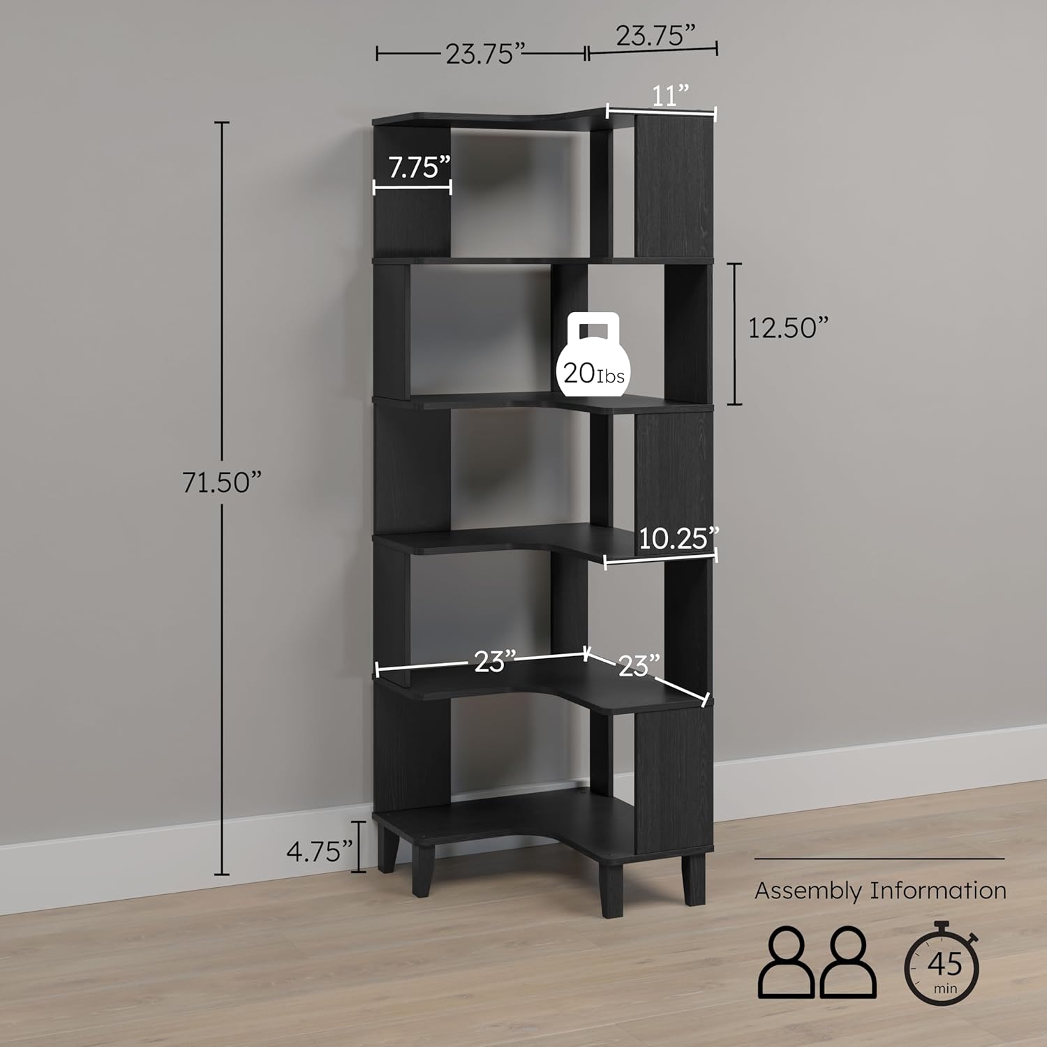 6-Tier Modern Mid Century Corner Bookcase, 71.5" Extra Tall Black Corner Shelf with Storage, Multifunctional Freestanding Bookshelf