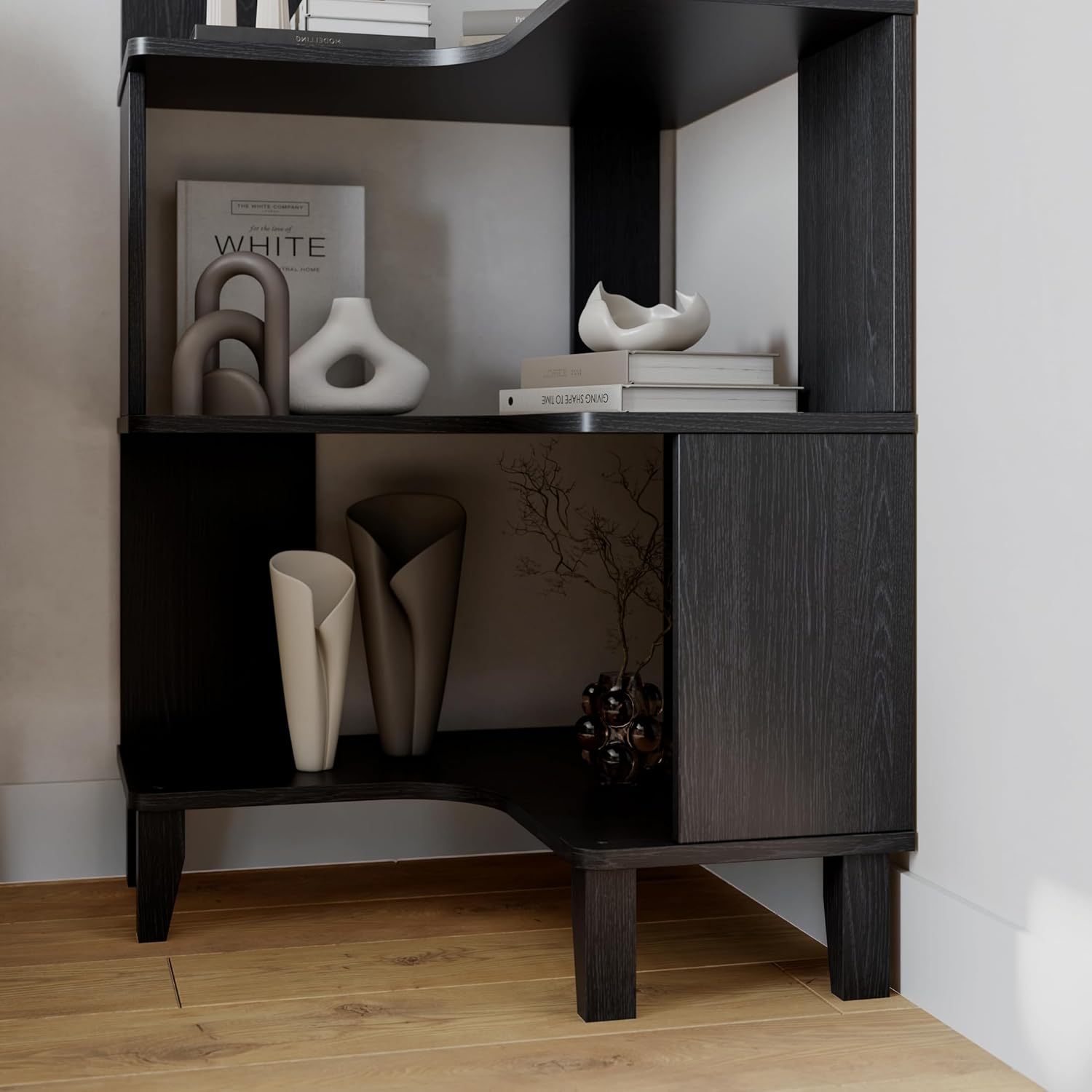 6-Tier Modern Mid Century Corner Bookcase, 71.5" Extra Tall Black Corner Shelf with Storage, Multifunctional Freestanding Bookshelf