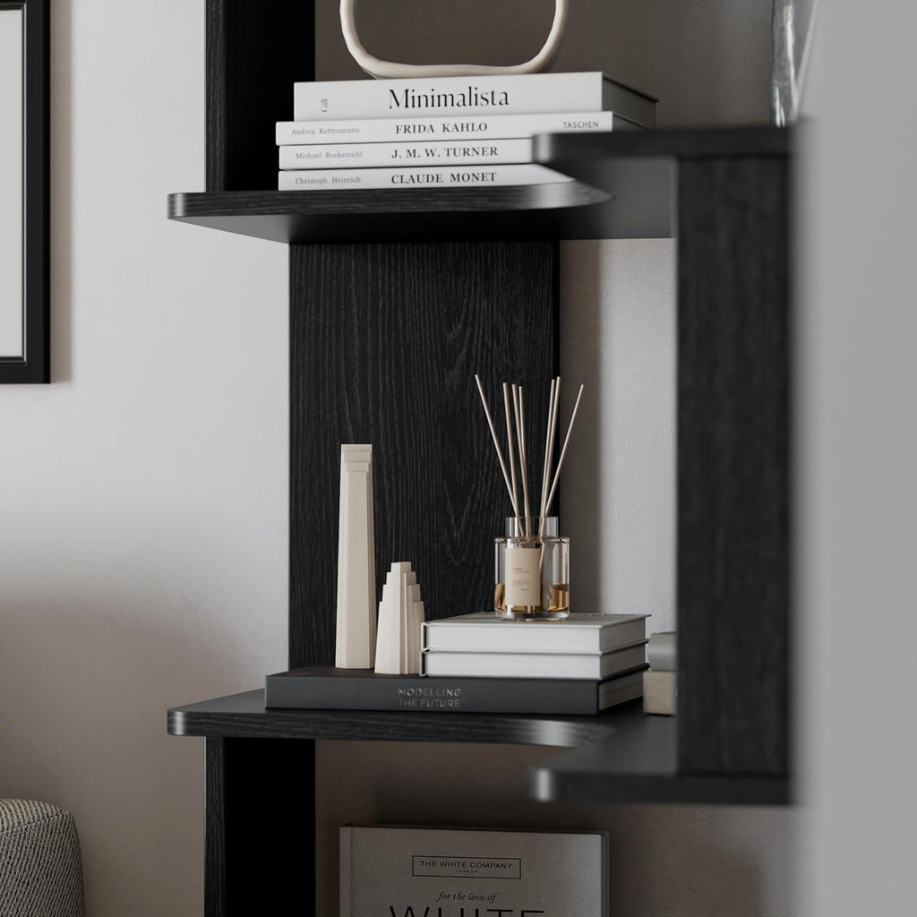 6-Tier Modern Mid Century Corner Bookcase, 71.5" Extra Tall Black Corner Shelf with Storage, Multifunctional Freestanding Bookshelf