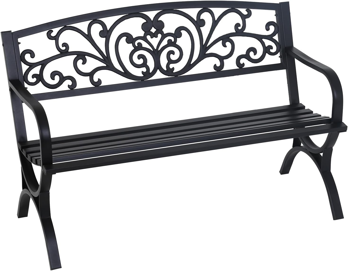 Outdoor 50 Inches Garden Bench, Slatted Seat Armrests Floral Design Backres and Arch Legs, Perfect for Park, Yard, Porch, Lawn, Balcony, Backyard