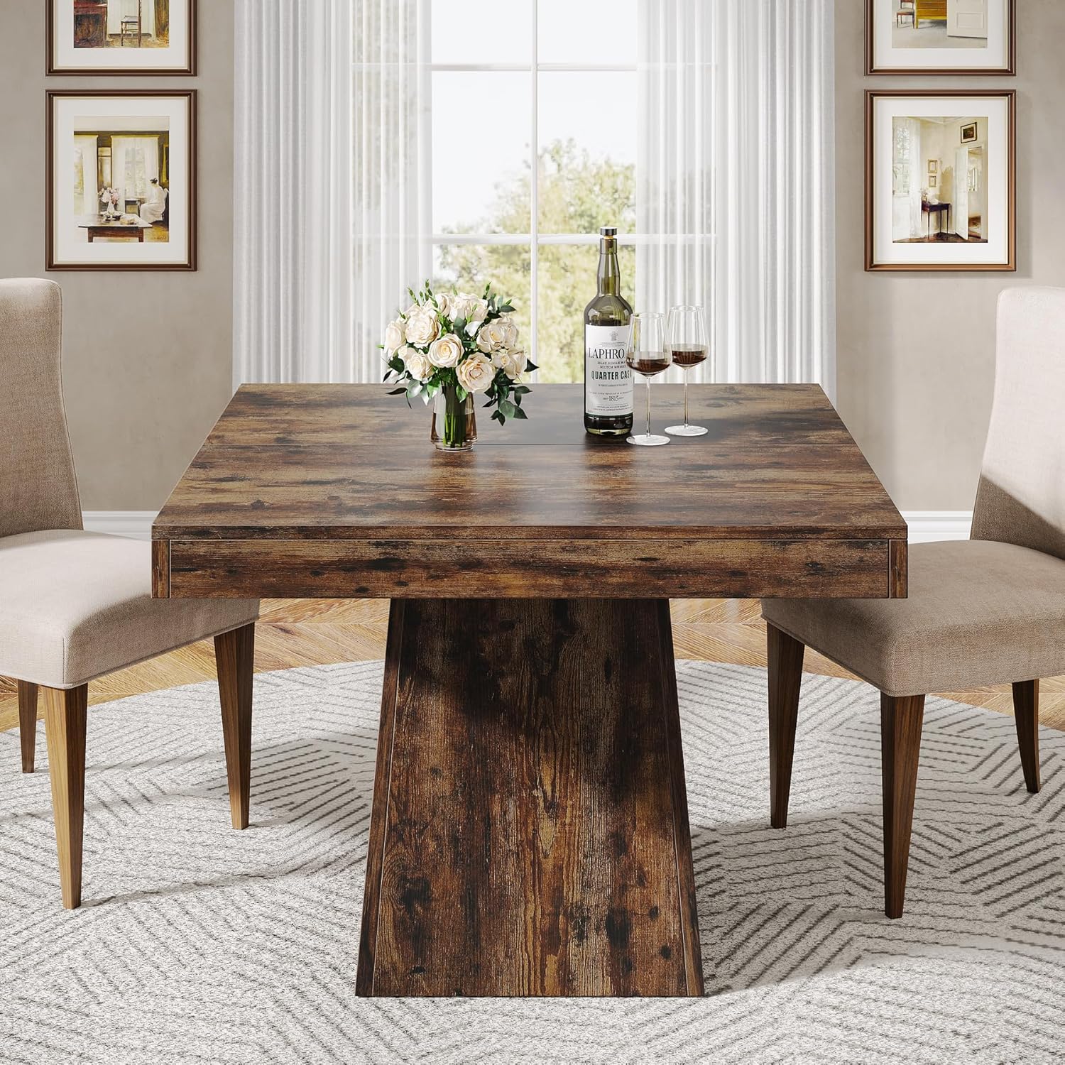 Square Dining Table for 4, 31.5-Inch Small Kitchen Table with Sturdy Pedestal Base, Farmhouse Dinner Table for Dining Room, Living Room, Kitchen