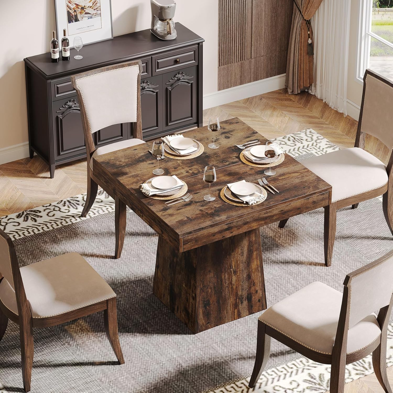 Square Dining Table for 4, 31.5-Inch Small Kitchen Table with Sturdy Pedestal Base, Farmhouse Dinner Table for Dining Room, Living Room, Kitchen