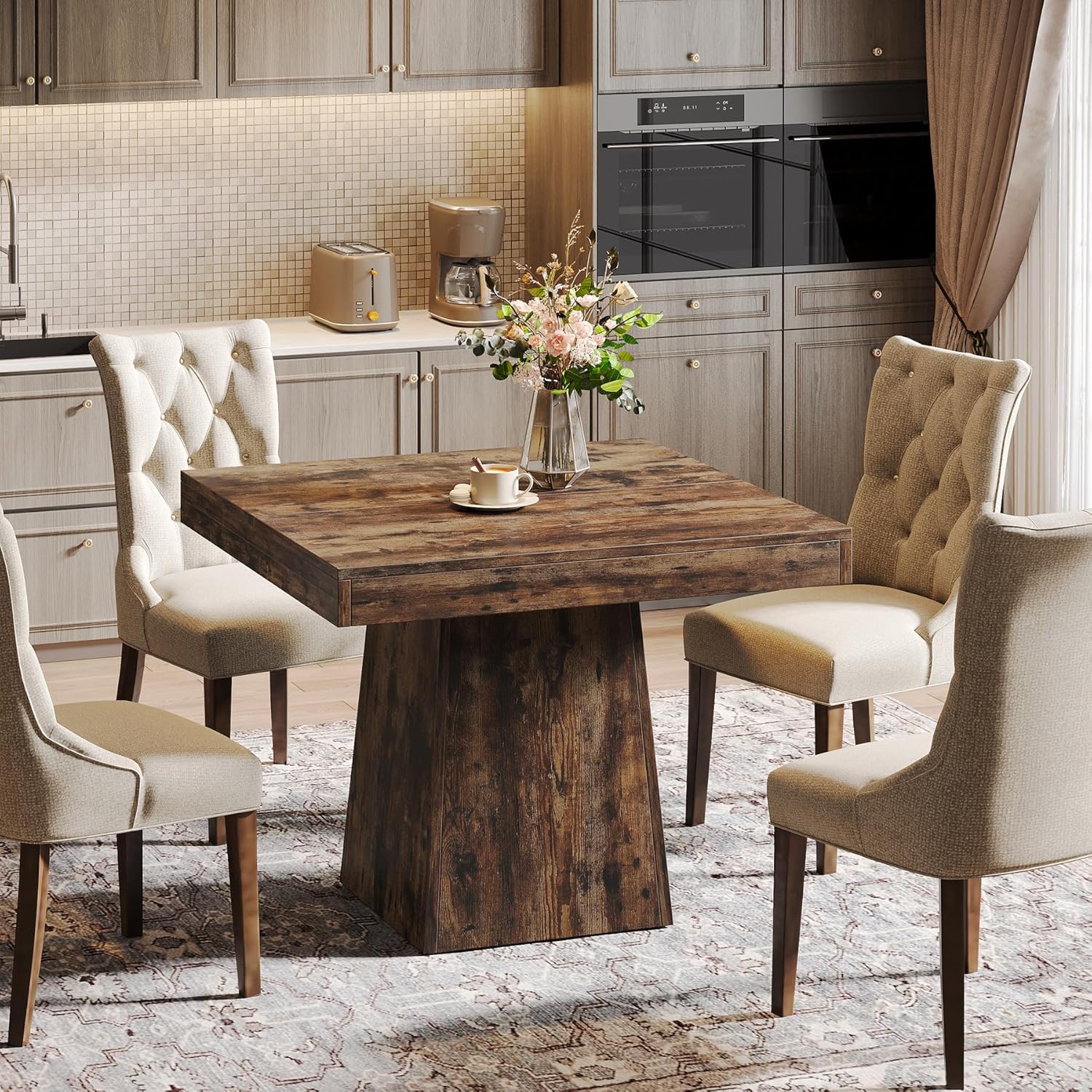 Square Dining Table for 4, 31.5-Inch Small Kitchen Table with Sturdy Pedestal Base, Farmhouse Dinner Table for Dining Room, Living Room, Kitchen