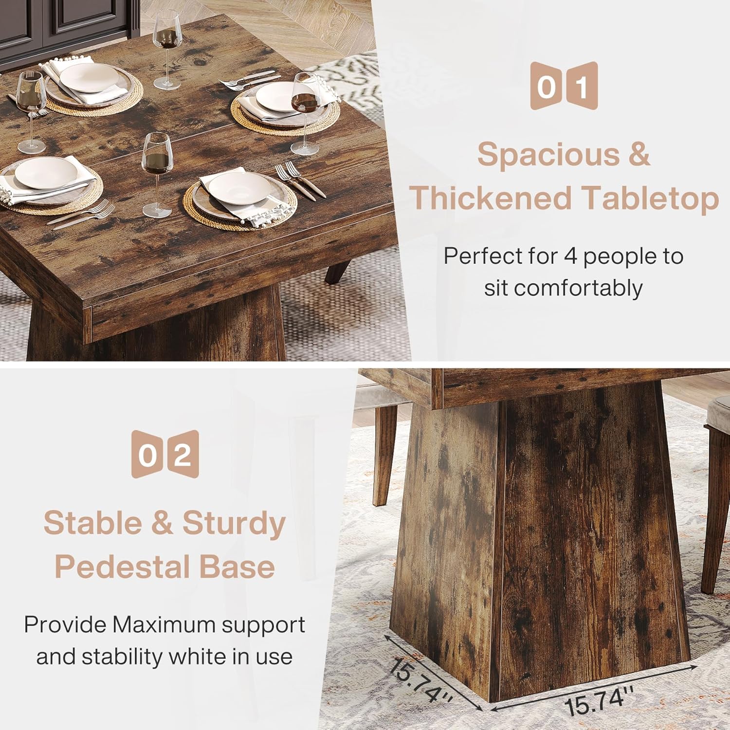 Square Dining Table for 4, 31.5-Inch Small Kitchen Table with Sturdy Pedestal Base, Farmhouse Dinner Table for Dining Room, Living Room, Kitchen