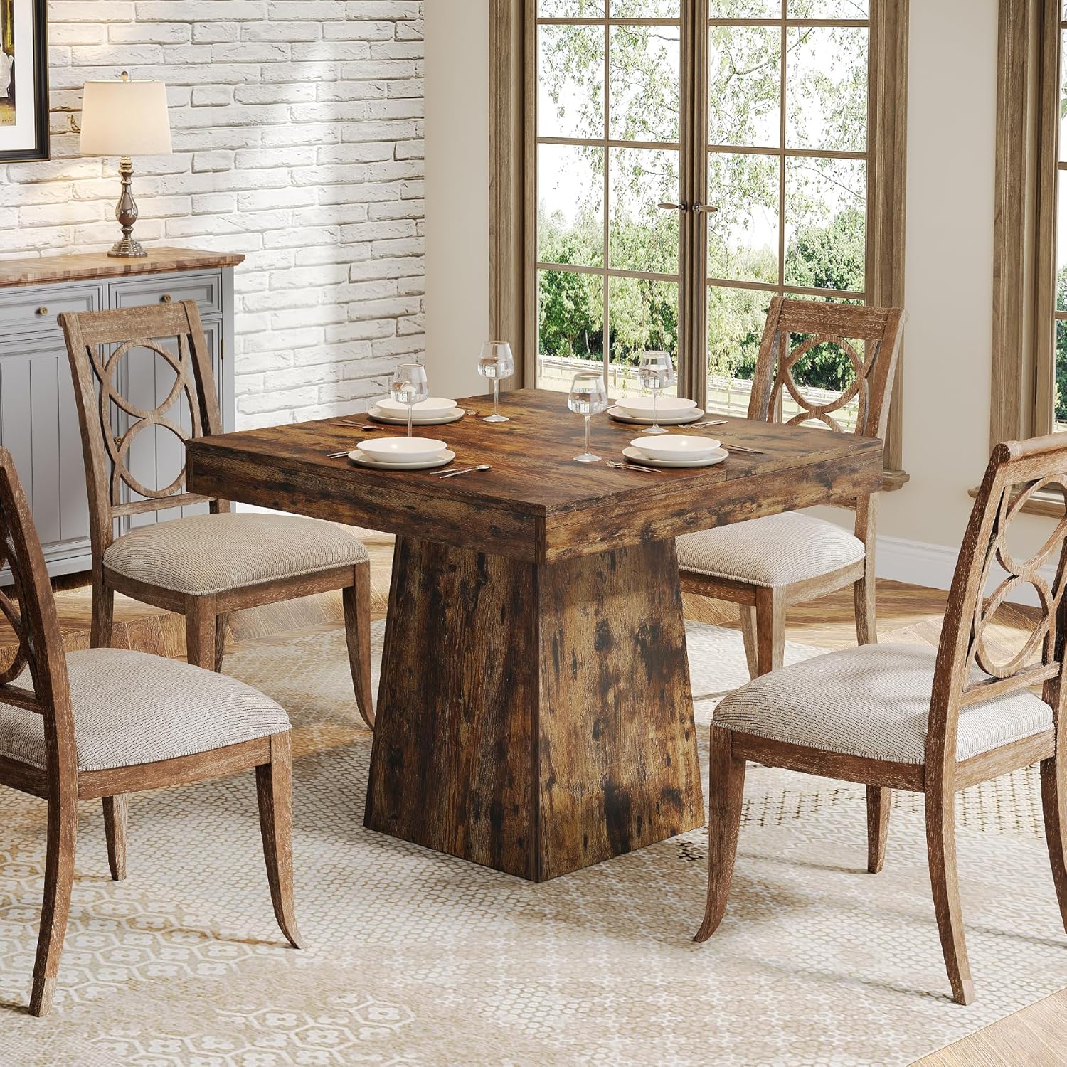 Square Dining Table for 4, 31.5-Inch Small Kitchen Table with Sturdy Pedestal Base, Farmhouse Dinner Table for Dining Room, Living Room, Kitchen
