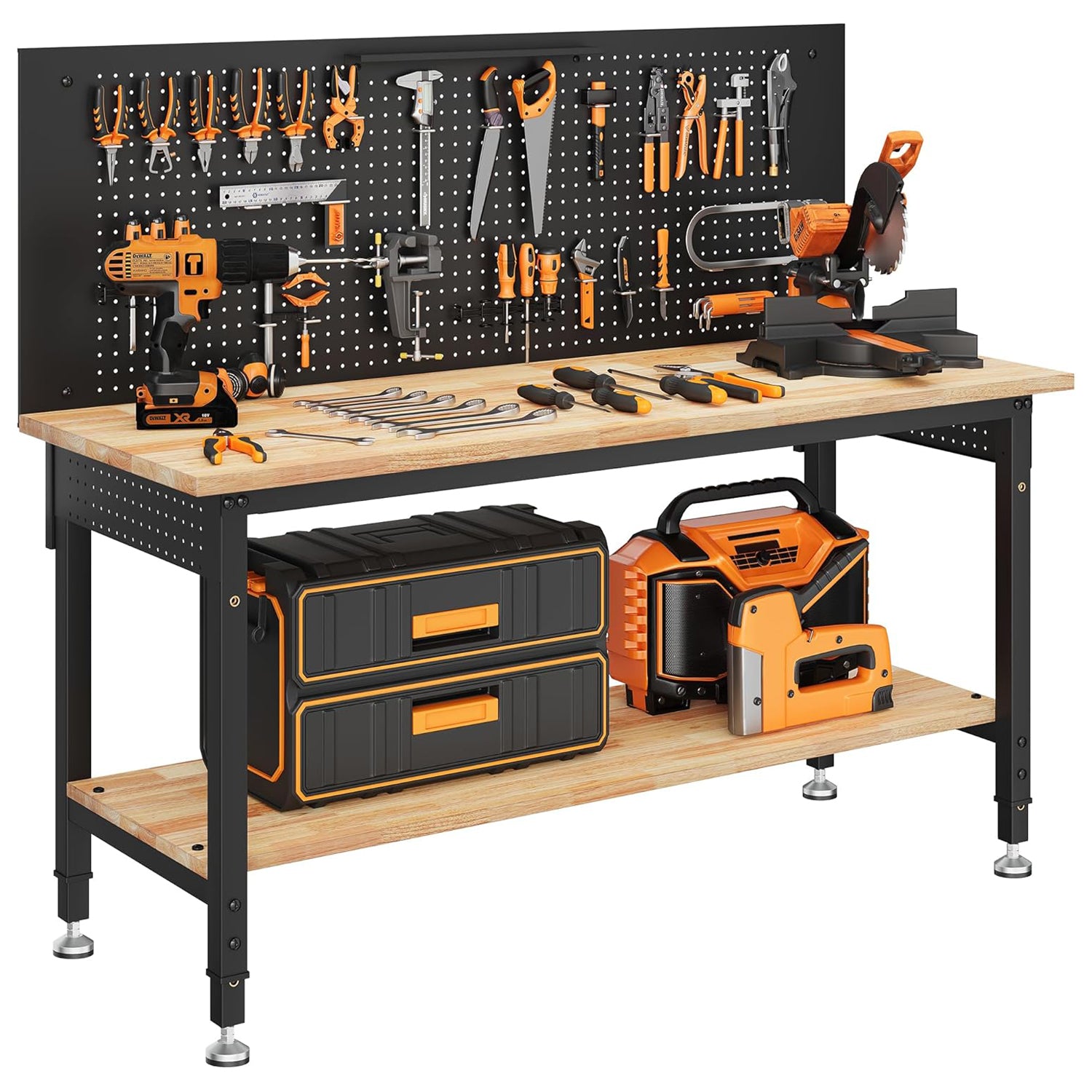 60" Work Bench Adjustable Height with Storage Shelf, Max Load 2000 LBS Heavy Duty Rubberwood Tabletop with Pegboard, LED Light, Built-in Power Strip for Woodworking Shop, Garage, Home