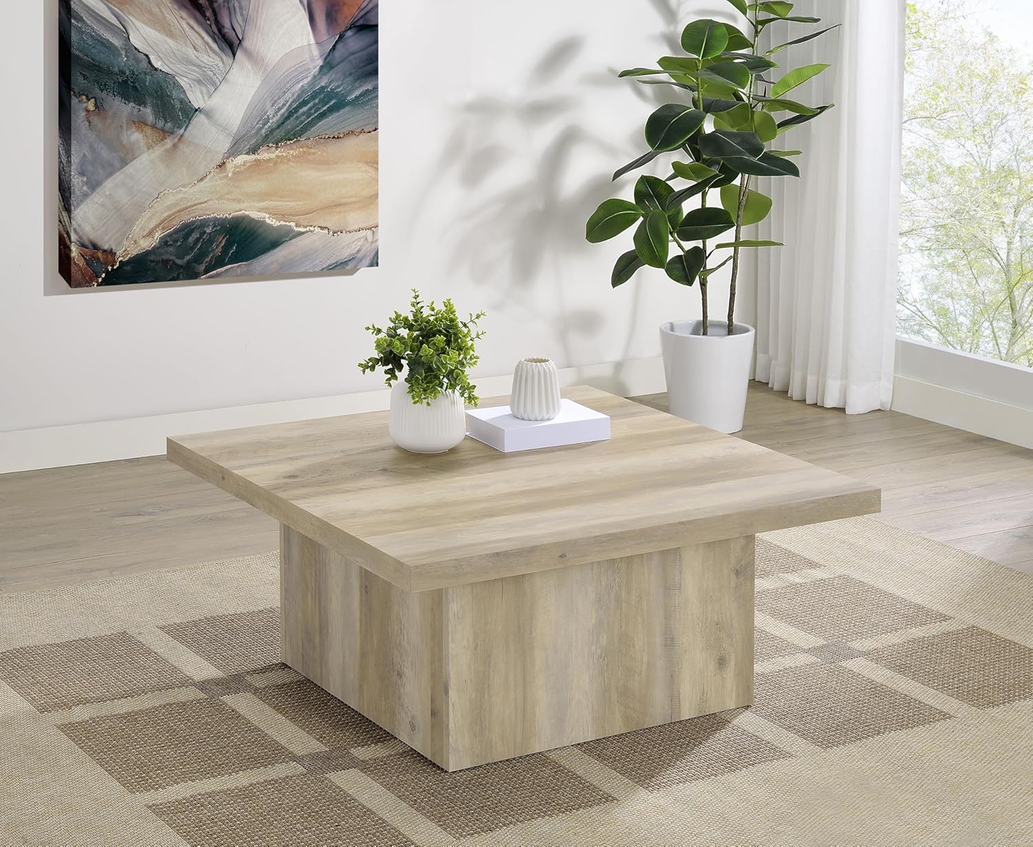 Square Coffee Table with Plinth Base, Geometric Design and Transitional Style