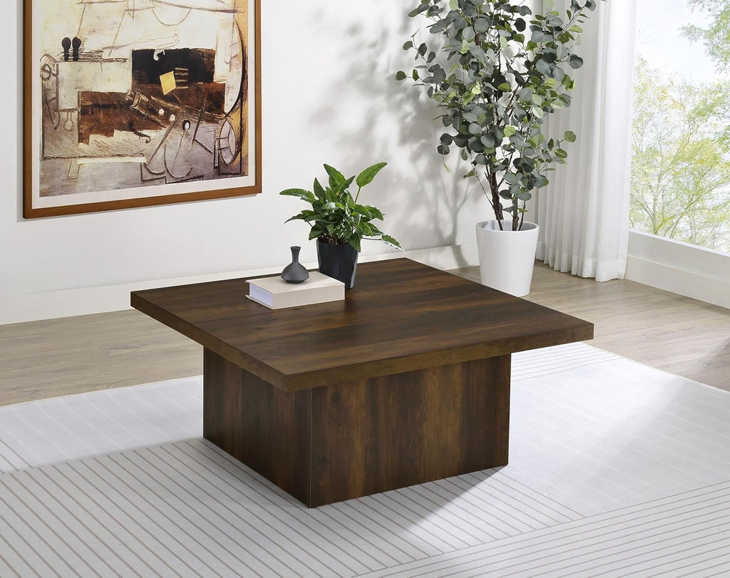 Square Coffee Table with Plinth Base, Geometric Design and Transitional Style