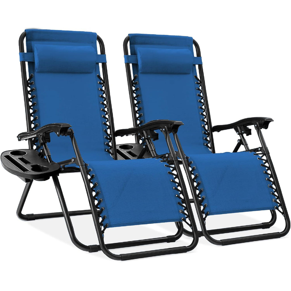 Set of 2 Adjustable Steel Mesh Zero Gravity Lounge Chair Recliners w/Pillows and Cup Holder Trays