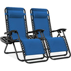 Set of 2 Adjustable Steel Mesh Zero Gravity Lounge Chair Recliners w/Pillows and Cup Holder Trays