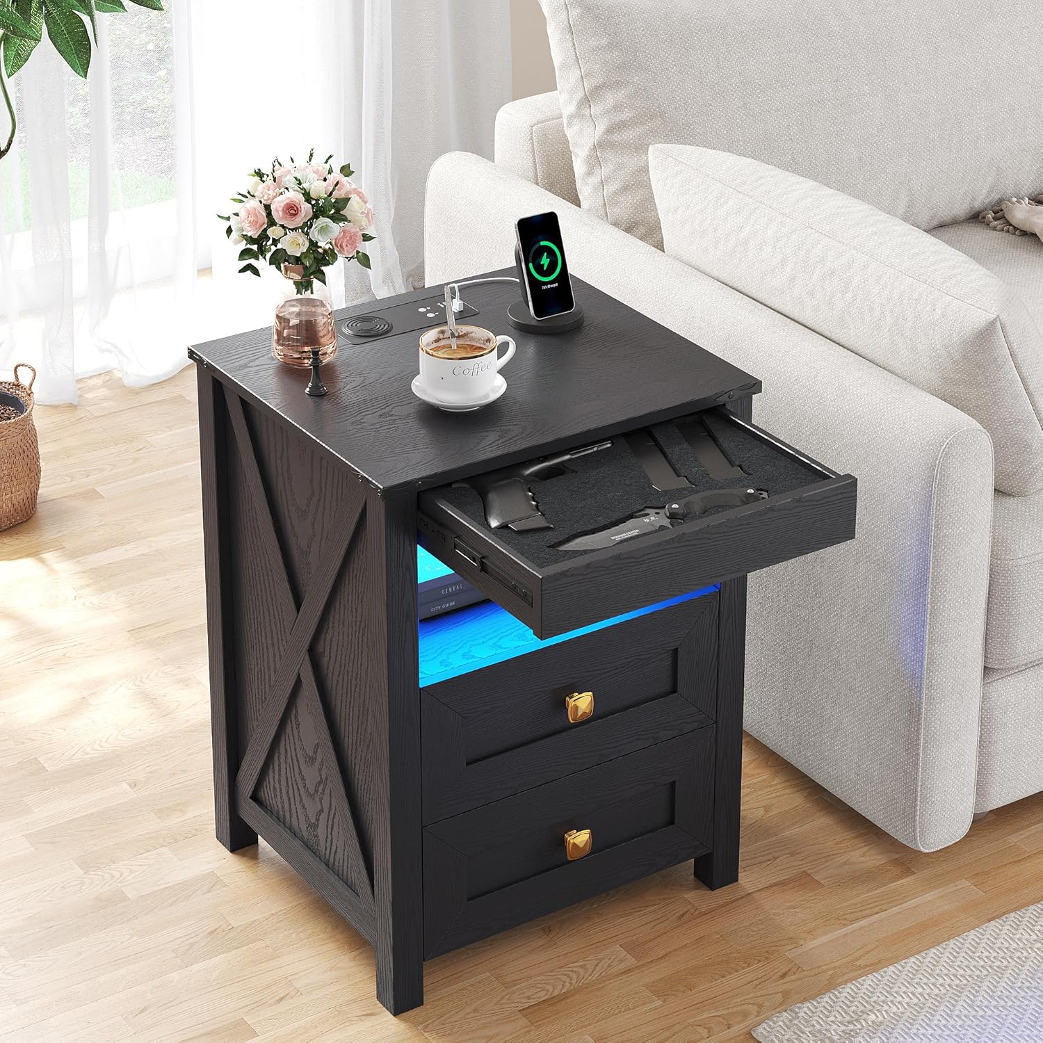 Farmhouse LED Nightstand with Gun Drawer & Invisible Lock, Modern Bedside Table with Human Sensor Design, Rustic Side Table with Wireless Charging