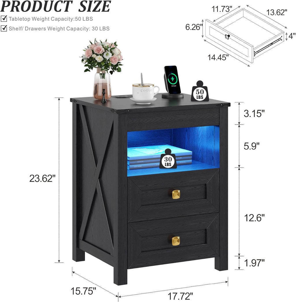 Farmhouse LED Nightstand with Gun Drawer & Invisible Lock, Modern Bedside Table with Human Sensor Design, Rustic Side Table with Wireless Charging