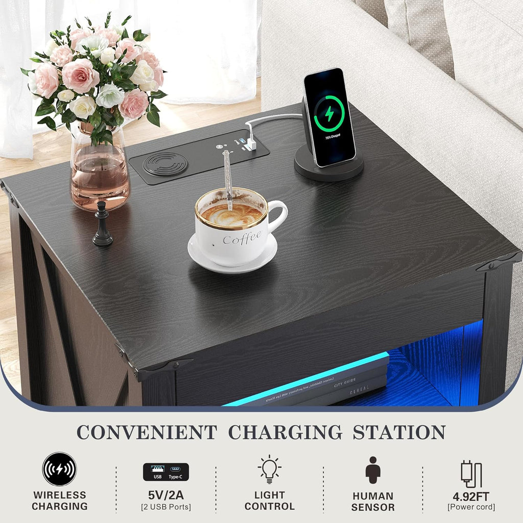 Farmhouse LED Nightstand with Gun Drawer & Invisible Lock, Modern Bedside Table with Human Sensor Design, Rustic Side Table with Wireless Charging