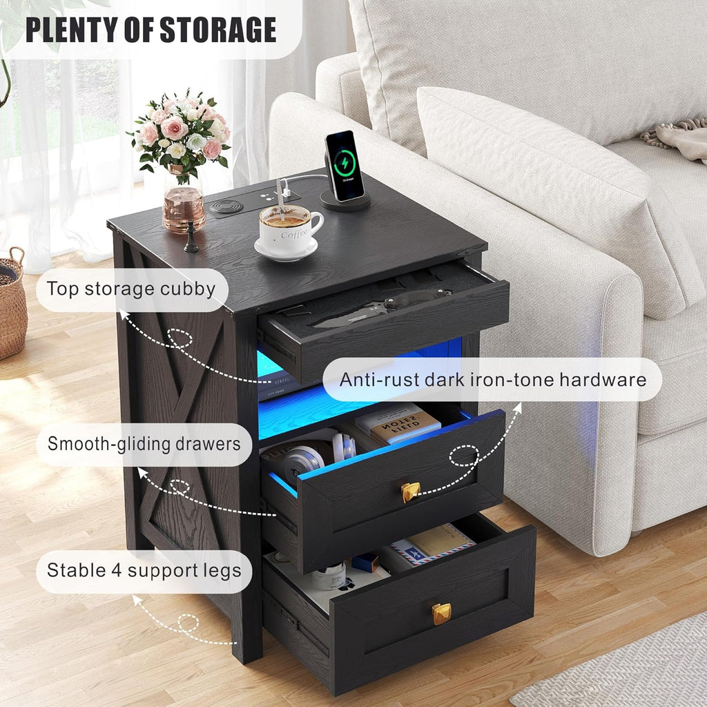 Farmhouse LED Nightstand with Gun Drawer & Invisible Lock, Modern Bedside Table with Human Sensor Design, Rustic Side Table with Wireless Charging