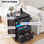 Farmhouse LED Nightstand with Gun Drawer & Invisible Lock, Modern Bedside Table with Human Sensor Design, Rustic Side Table with Wireless Charging