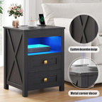 Farmhouse LED Nightstand with Gun Drawer & Invisible Lock, Modern Bedside Table with Human Sensor Design, Rustic Side Table with Wireless Charging