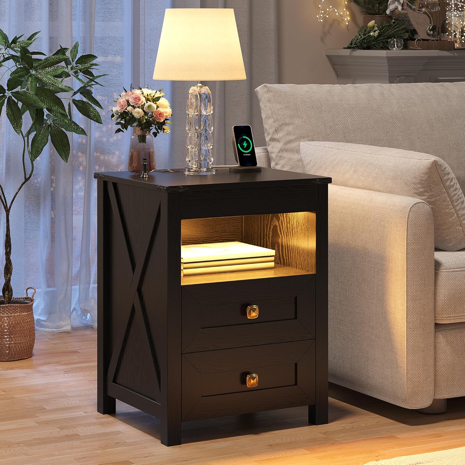 Farmhouse LED Nightstand with Gun Drawer & Invisible Lock, Modern Bedside Table with Human Sensor Design, Rustic Side Table with Wireless Charging