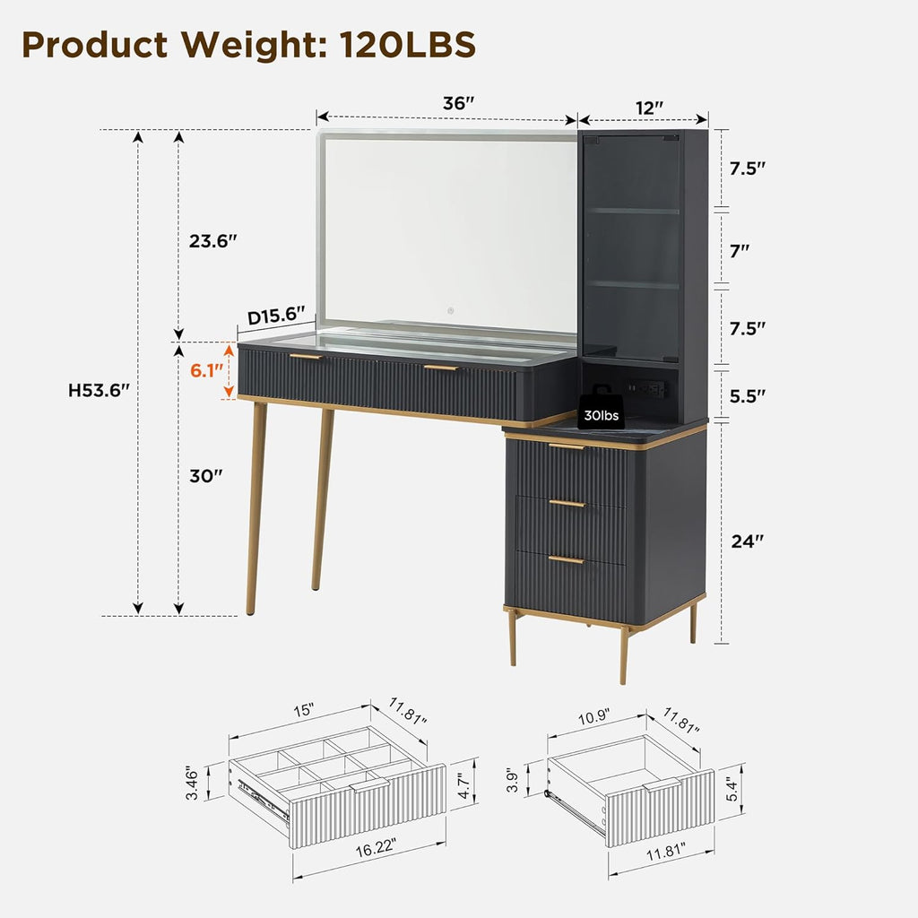 Makeup Vanity Desk with 36" HD Lighted Mirror, 48" Big Modern Vanity Desk with Mirror and Lights, Dressing Table with 5 Drawers & Shelves, Glass Top for Bedroom, Dark Grey
