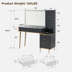 Makeup Vanity Desk with 36" HD Lighted Mirror, 48" Big Modern Vanity Desk with Mirror and Lights, Dressing Table with 5 Drawers & Shelves, Glass Top for Bedroom, Dark Grey