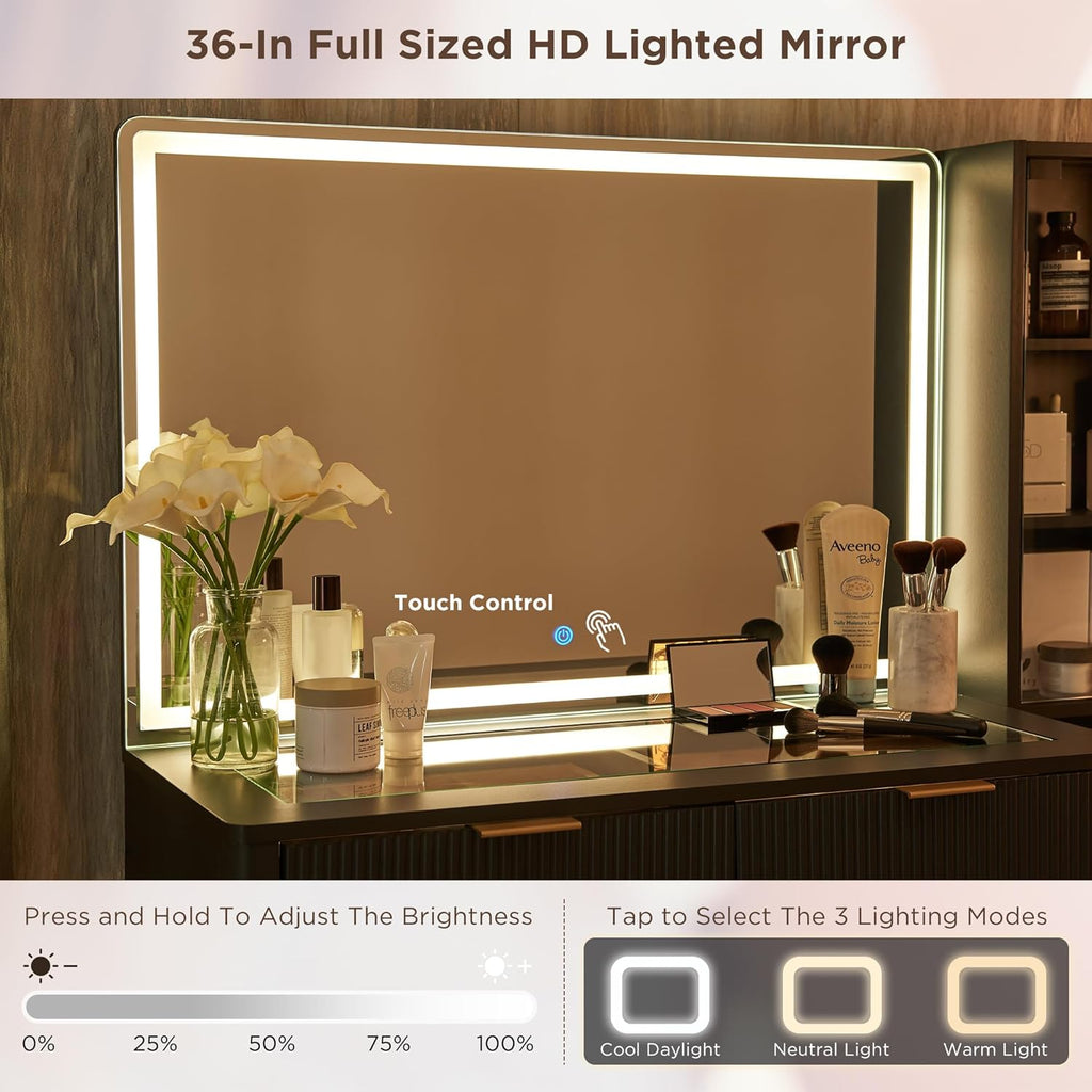 Makeup Vanity Desk with 36" HD Lighted Mirror, 48" Big Modern Vanity Desk with Mirror and Lights, Dressing Table with 5 Drawers & Shelves, Glass Top for Bedroom, Dark Grey