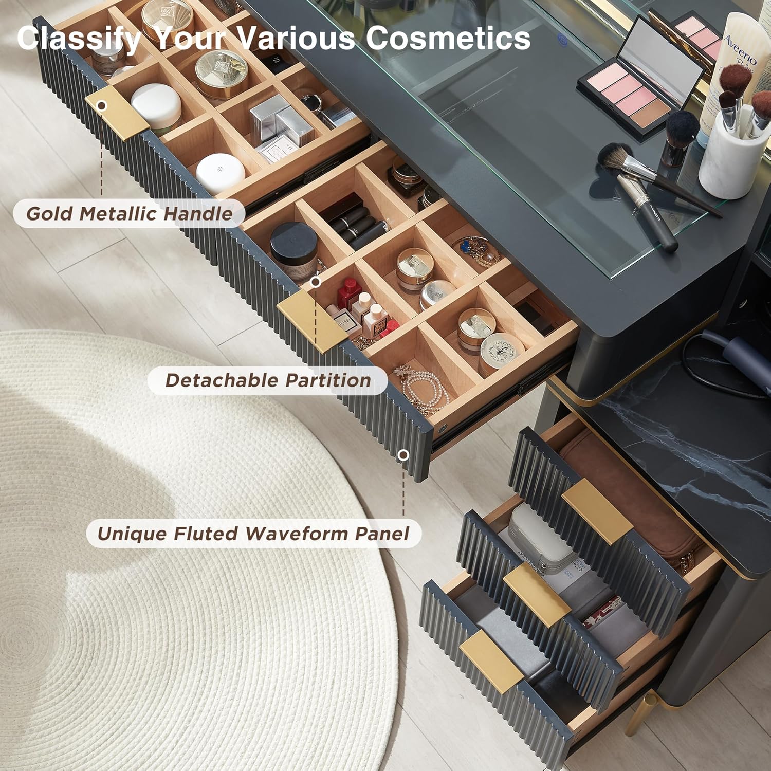 Makeup Vanity Desk with 36" HD Lighted Mirror, 48" Big Modern Vanity Desk with Mirror and Lights, Dressing Table with 5 Drawers & Shelves, Glass Top for Bedroom, Dark Grey