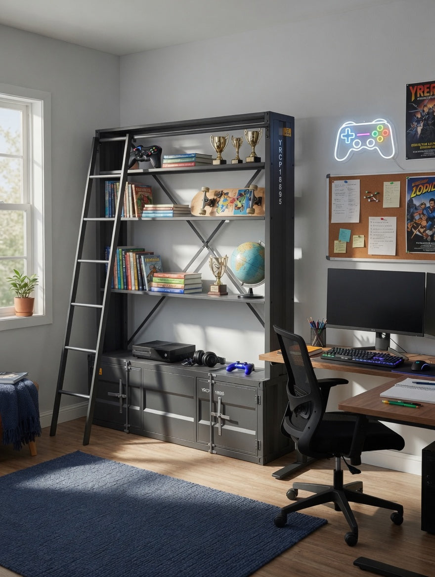 Industrial Cargo Bookshelf with Removable Ladder & TV Stand Base – Gunmetal Container Style Storage