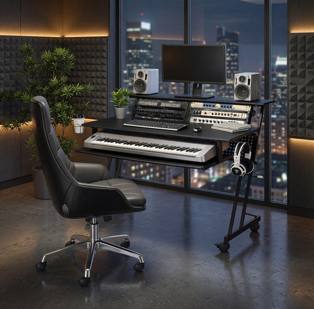 Music Recording Studio Desk with Keyboard Tray - Black Home Producer Workstation