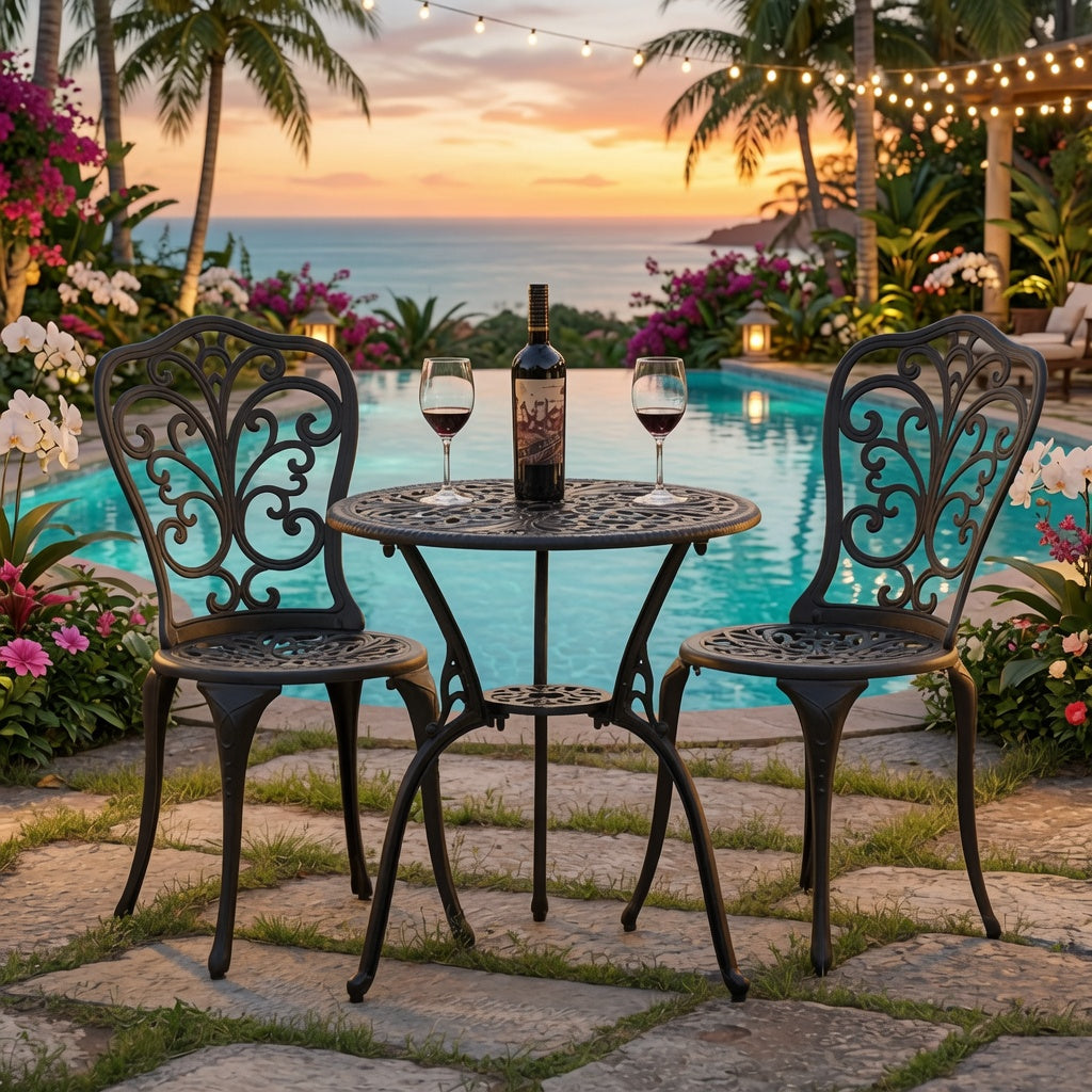 Patio Bistro Set 3 Piece Outdoor,Cast Aluminum Outdoor Bistro Table and Chair Set of 2 with 1.97" Umbrella Hole