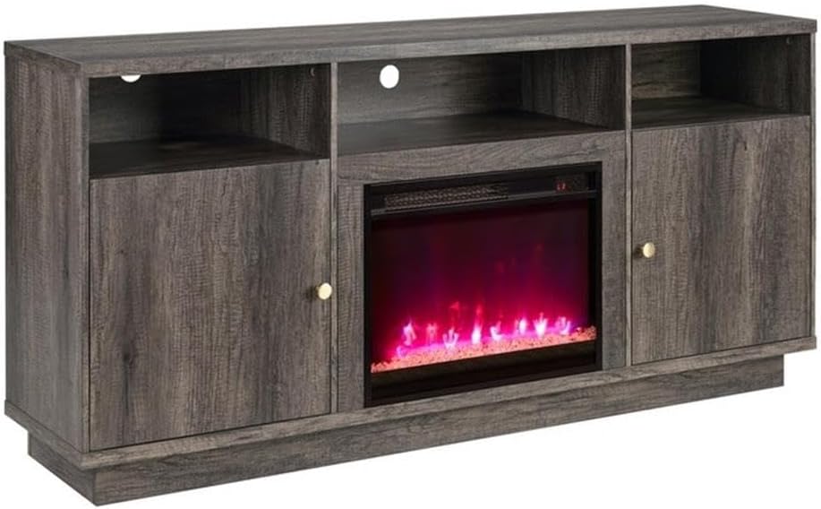 70" W Gray Walnut Engineered Wood Fireplace TV Console w/LED+Heater+Shlv