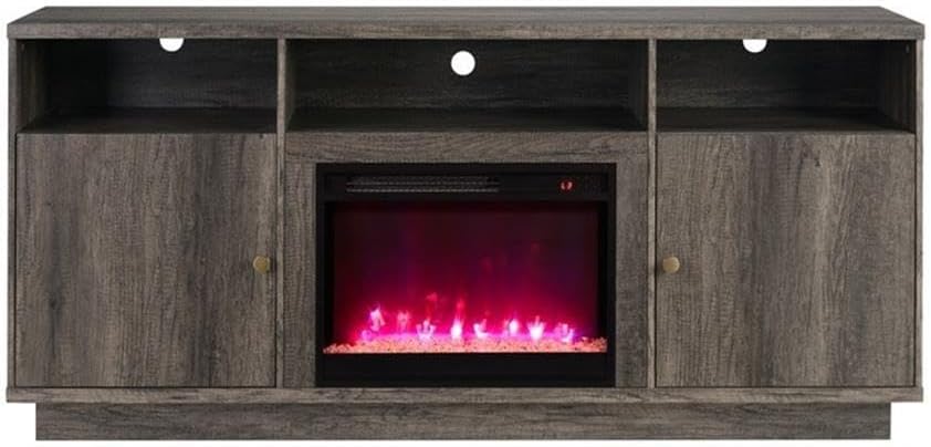 70" W Gray Walnut Engineered Wood Fireplace TV Console w/LED+Heater+Shlv