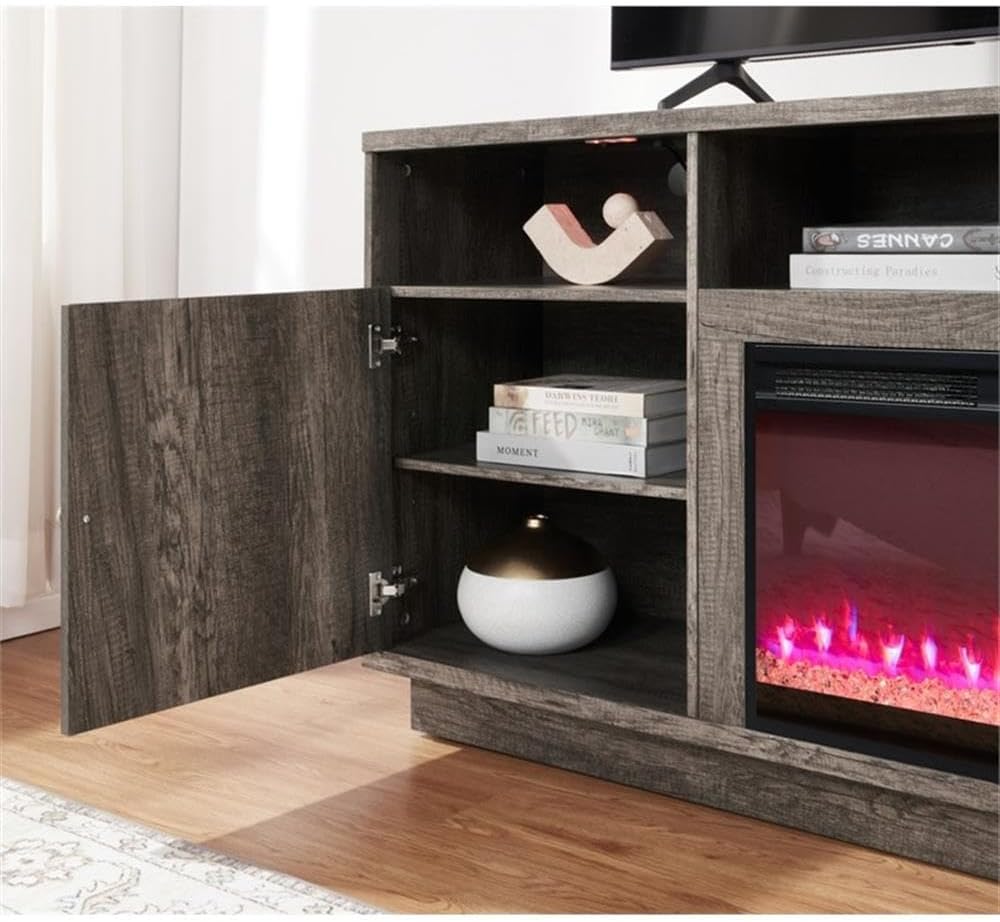 70" W Gray Walnut Engineered Wood Fireplace TV Console w/LED+Heater+Shlv