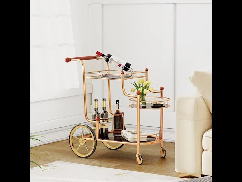Gold Bar Cart with Wheels 3-Tier Metal Serving Cart with Tempered Glass Shelves for Home, Kitchen, or Living Room